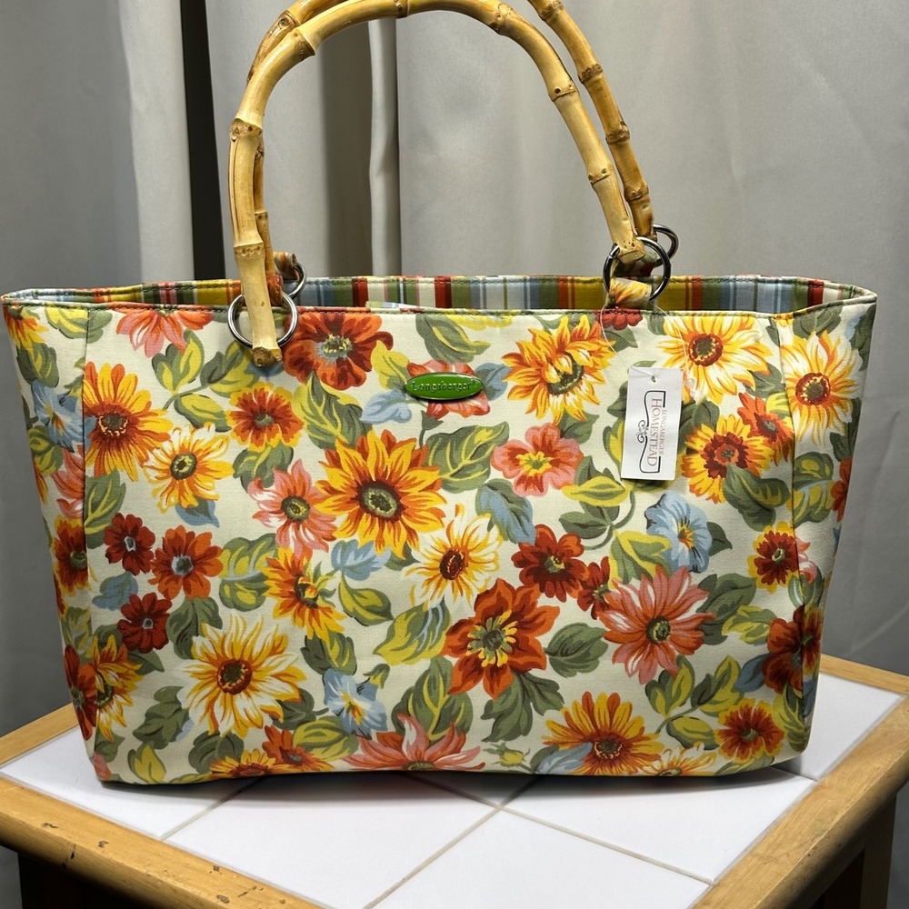 Longaberger Tote Bag Womens Large Yellow Floral Bamboo Handle New Tags